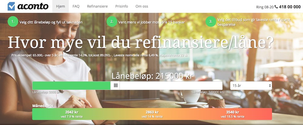 Hos Aconto kan du søke om forbrukslån mellom 5 000 og 500 000 kroner. De anbefaler en maks nedbetalingstid på 5 år. Bilde av forsiden til finansagenten Aconto.